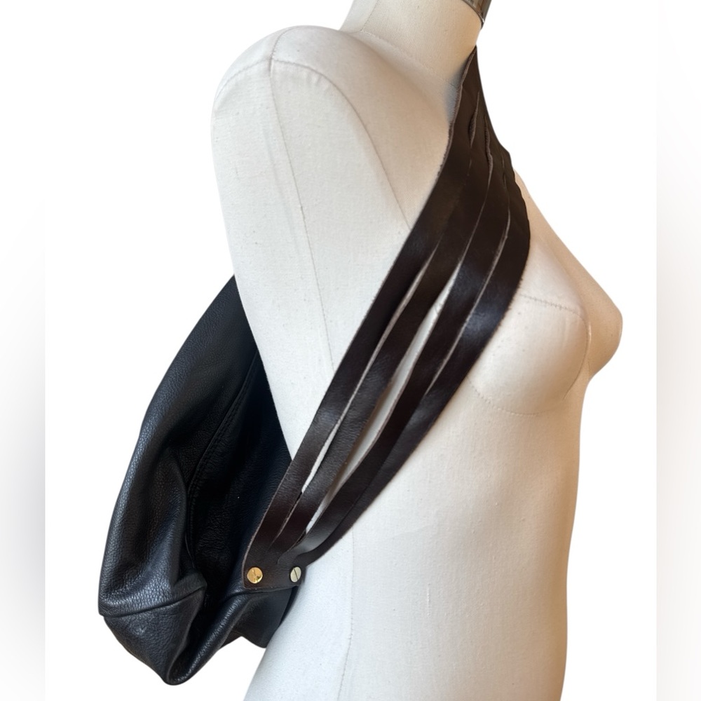 Free People Jordyn Black and Brown Leather Sling Bag with Gold Zippers Cyclists